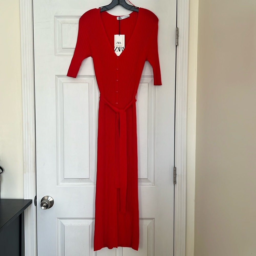 New Zara Women’s Ribbed Knit Bright Red Midi Dress, Size Medium